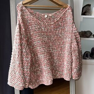 Moth Anthropologie Sweater M Pink Green Open Knit Bell Sleeve Pullover Boho Top